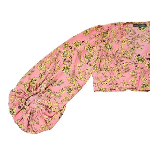 Signature8 Crop Top Blouse Balloon Sleeves Plunge Neck Pink Floral Button Small - Picture 8 of 12